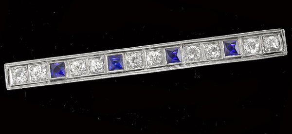 Art Deco Platinum Diamond Sapphire Pin