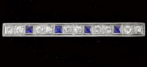 Art Deco Platinum Diamond Sapphire Pin