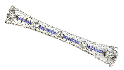 Art Deco Platinum and 14k Yellow Gold Diamond Sapphire Pin