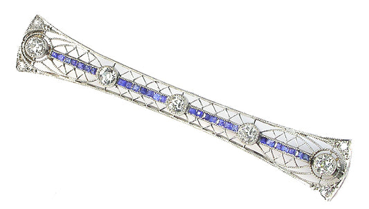 Art Deco Platinum and 14k Yellow Gold Diamond Sapphire Pin
