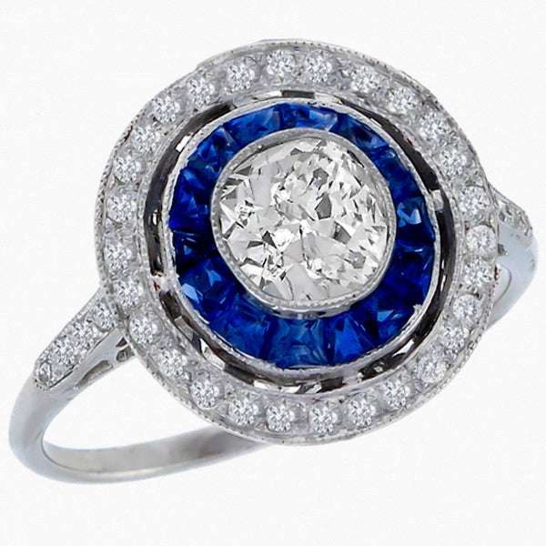 Art Deco Style 0.60ct Diamond 0.68ct Sapphire  Engagement Ring