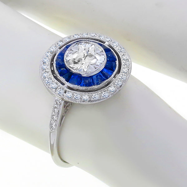 Art Deco Style 0.60ct Diamond 0.68ct Sapphire  Engagement Ring