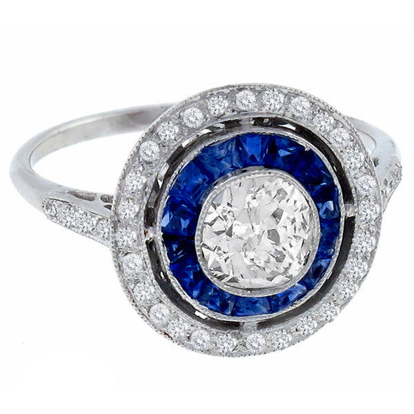 Art Deco Style 0.60ct Diamond 0.68ct Sapphire  Engagement Ring
