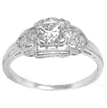 Art Deco Style 0.60ct Old Mine Cut Diamond 18k White Gold Ring