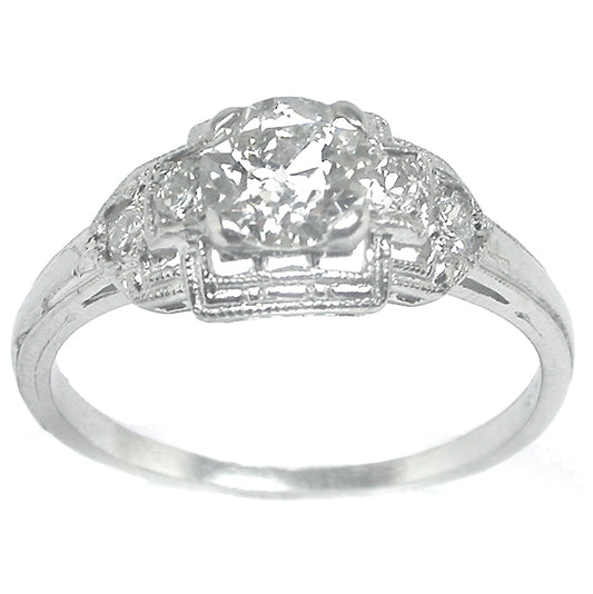 Art Deco Style 0.60ct Old Mine Cut Diamond 18k White Gold Ring