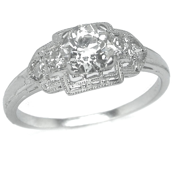 Art Deco Style 0.60ct Old Mine Cut Diamond 18k White Gold Ring