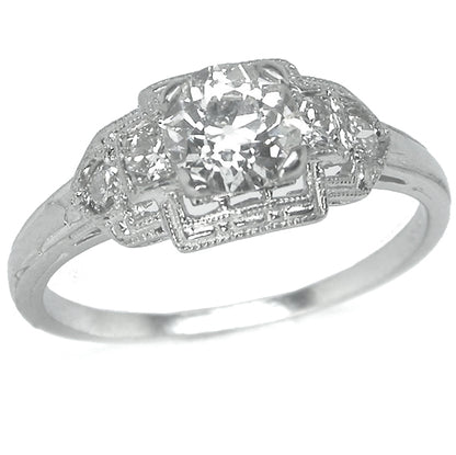 Art Deco Style 0.60ct Old Mine Cut Diamond 18k White Gold Ring