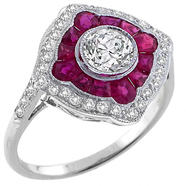 Art Deco Style 0.70ct Old Mine Cut Center Diamond 0.91ct Ruby Gold Ring