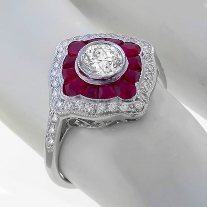 Art Deco Style 0.70ct Old Mine Cut Center Diamond 0.91ct Ruby Gold Ring