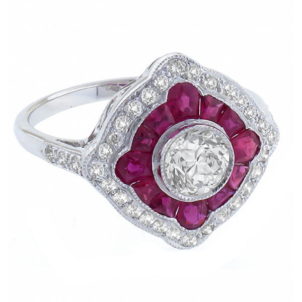 Art Deco Style 0.70ct Old Mine Cut Center Diamond 0.91ct Ruby Gold Ring