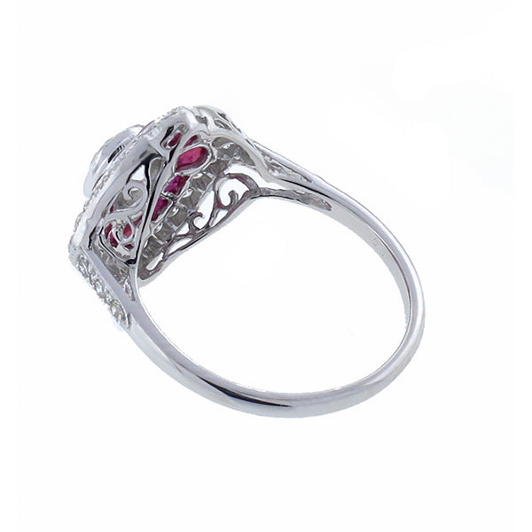 Art Deco Style 0.70ct Old Mine Cut Center Diamond 0.91ct Ruby Gold Ring