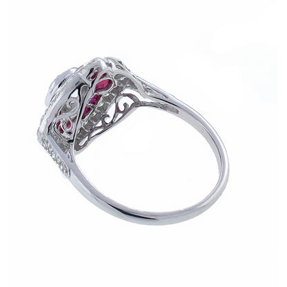 Art Deco Style 0.70ct Old Mine Cut Center Diamond 0.91ct Ruby Gold Ring