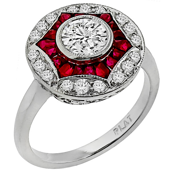 Art Deco Style 0.70ct Round Cut Diamond Ruby Platinum Engagement  Ring