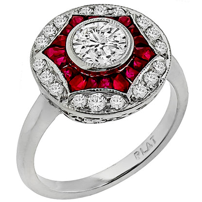 Art Deco Style 0.70ct Round Cut Diamond Ruby Platinum Engagement  Ring