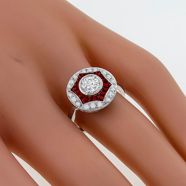 Art Deco Style 0.70ct Round Cut Diamond Ruby Platinum Engagement  Ring