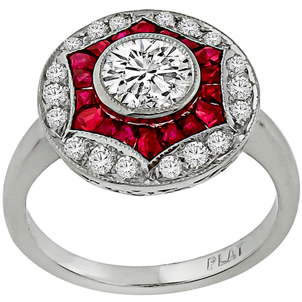 Art Deco Style 0.70ct Round Cut Diamond Ruby Platinum Engagement  Ring