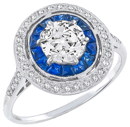 Art Deco Style 0.72ct Diamond 0.68ct Sapphire Engagement Ring