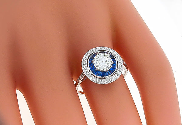 Art Deco Style 0.72ct Diamond 0.68ct Sapphire Engagement Ring