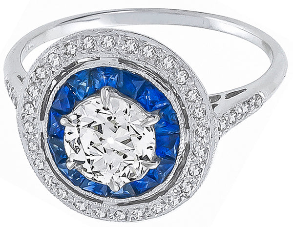 Art Deco Style 0.72ct Diamond 0.68ct Sapphire Engagement Ring