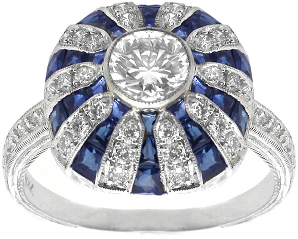 Art Deco Style 0.84ct Round Diamond Sapphire 18k White Gold Ring