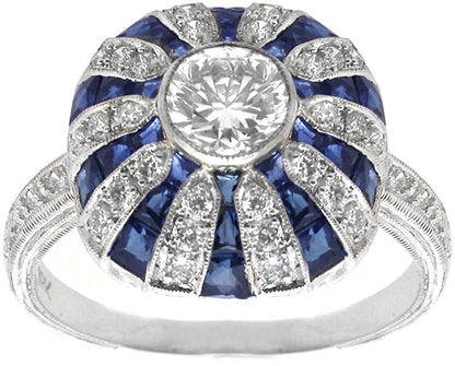 Art Deco Style 0.84ct Round Diamond Sapphire 18k White Gold Ring