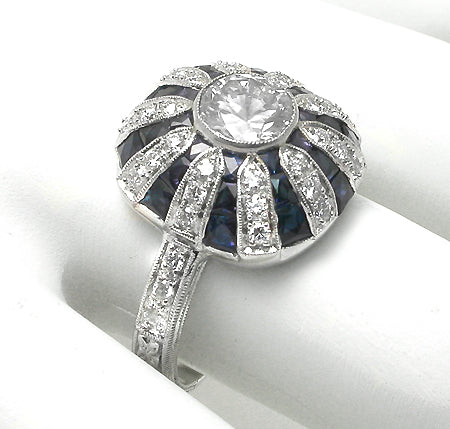 Art Deco Style 0.84ct Round Diamond Sapphire 18k White Gold Ring