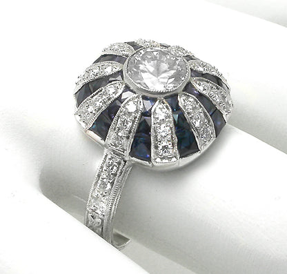 Art Deco Style 0.84ct Round Diamond Sapphire 18k White Gold Ring