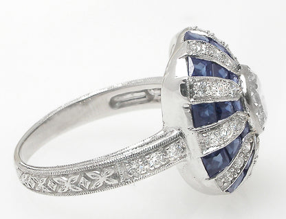Art Deco Style 0.84ct Round Diamond Sapphire 18k White Gold Ring