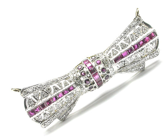 Art Deco Style 0.85ct Ruby 0.60ct Diamond Platinum 18k Yellow Gold Pin/ Pendant
