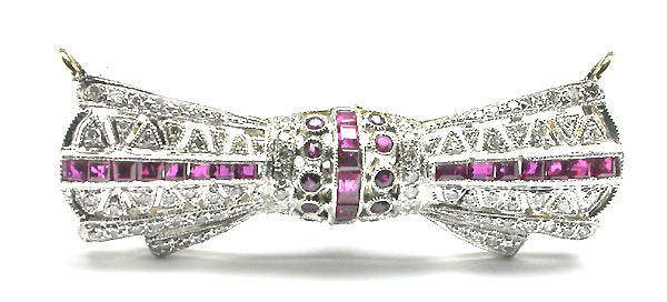 Art Deco Style 0.85ct Ruby 0.60ct Diamond Platinum 18k Yellow Gold Pin/ Pendant