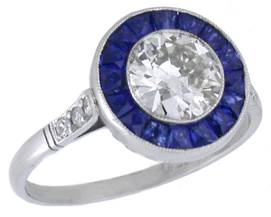 Art Deco Style 0.89ct Diamond Sapphire Platinum Engagement Ring