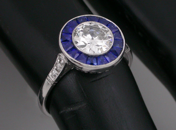 Art Deco Style 0.89ct Diamond Sapphire Platinum Engagement Ring
