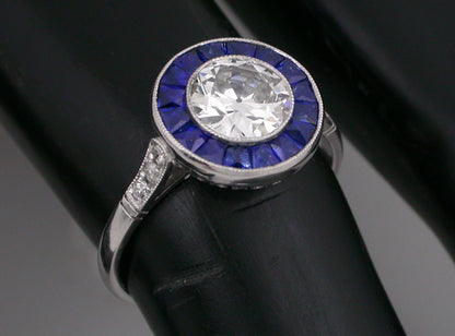 Art Deco Style 0.89ct Diamond Sapphire Platinum Engagement Ring