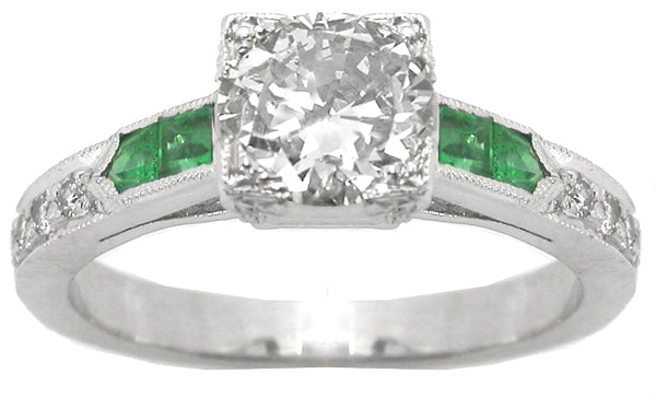 Art Deco Style 0.91ct  Old Mine Diamond Emerald Engagement Ring