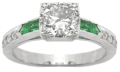 Art Deco Style 0.91ct  Old Mine Diamond Emerald Engagement Ring