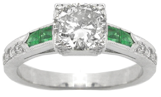 Art Deco Style 0.91ct  Old Mine Diamond Emerald Engagement Ring