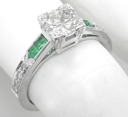 Art Deco Style 0.91ct  Old Mine Diamond Emerald Engagement Ring