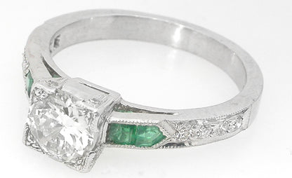 Art Deco Style 0.91ct  Old Mine Diamond Emerald Engagement Ring