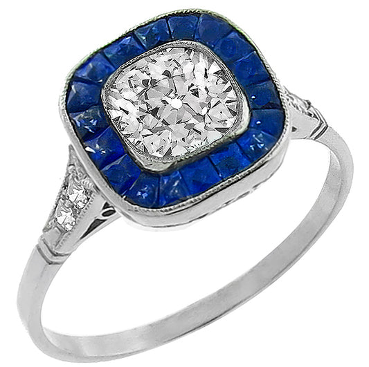 Art Deco Style 1.00ct Diamond Sapphire Engagement Ring