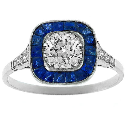 Art Deco Style 1.00ct Diamond Sapphire Engagement Ring