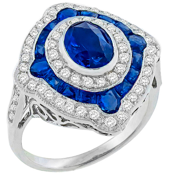 Art Deco Style 1.02ct Oval Cut Sapphire and Diamond Ring in 18 Karat White Gold