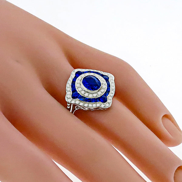 Art Deco Style 1.02ct Oval Cut Sapphire and Diamond Ring in 18 Karat White Gold
