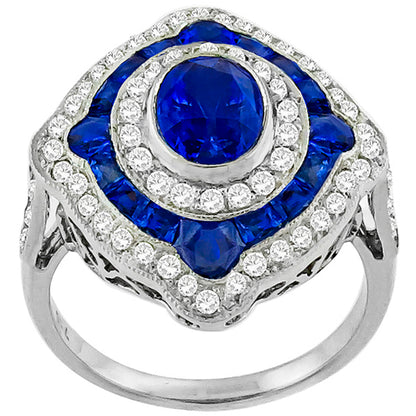 Art Deco Style 1.02ct Oval Cut Sapphire and Diamond Ring in 18 Karat White Gold