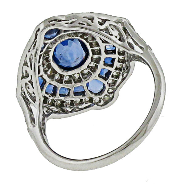Art Deco Style 1.02ct Oval Cut Sapphire and Diamond Ring in 18 Karat White Gold