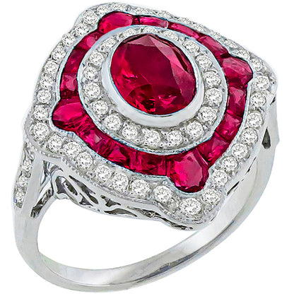Art Deco Style 1.10ct Oval and Faceted Cut Ruby 0.63ct Round Cut Diamond Ring
