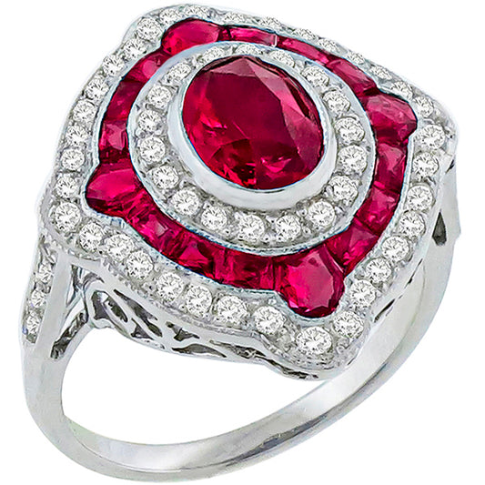 Art Deco Style 1.10ct Oval and Faceted Cut Ruby 0.63ct Round Cut Diamond Ring