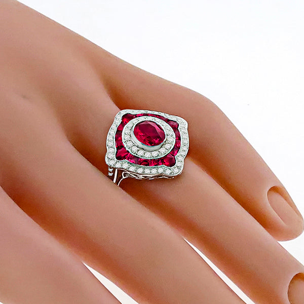 Art Deco Style 1.10ct Oval and Faceted Cut Ruby 0.63ct Round Cut Diamond Ring