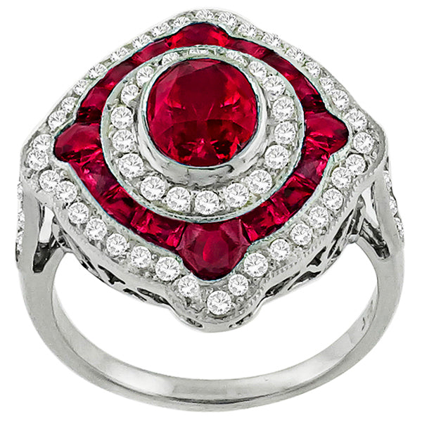 Art Deco Style 1.10ct Oval and Faceted Cut Ruby 0.63ct Round Cut Diamond Ring