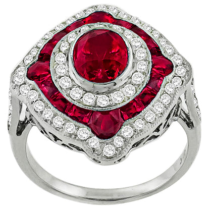 Art Deco Style 1.10ct Oval and Faceted Cut Ruby 0.63ct Round Cut Diamond Ring