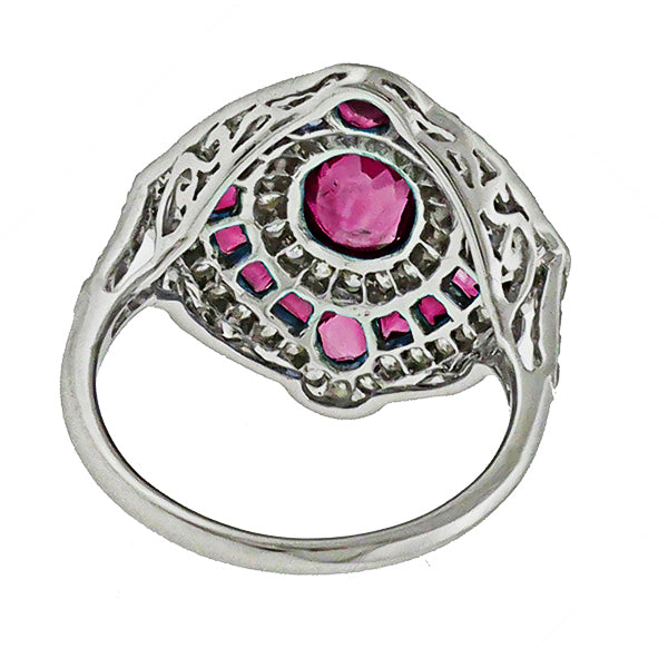 Art Deco Style 1.10ct Oval and Faceted Cut Ruby 0.63ct Round Cut Diamond Ring